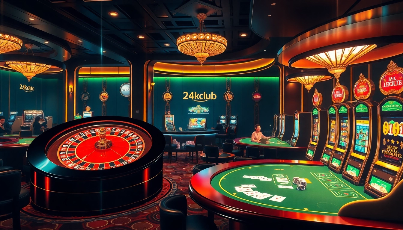 Người chơi tận hưởng trải nghiệm chơi game căng thẳng tại casino sang trọng của 24kclub, với bàn roulette và poker.