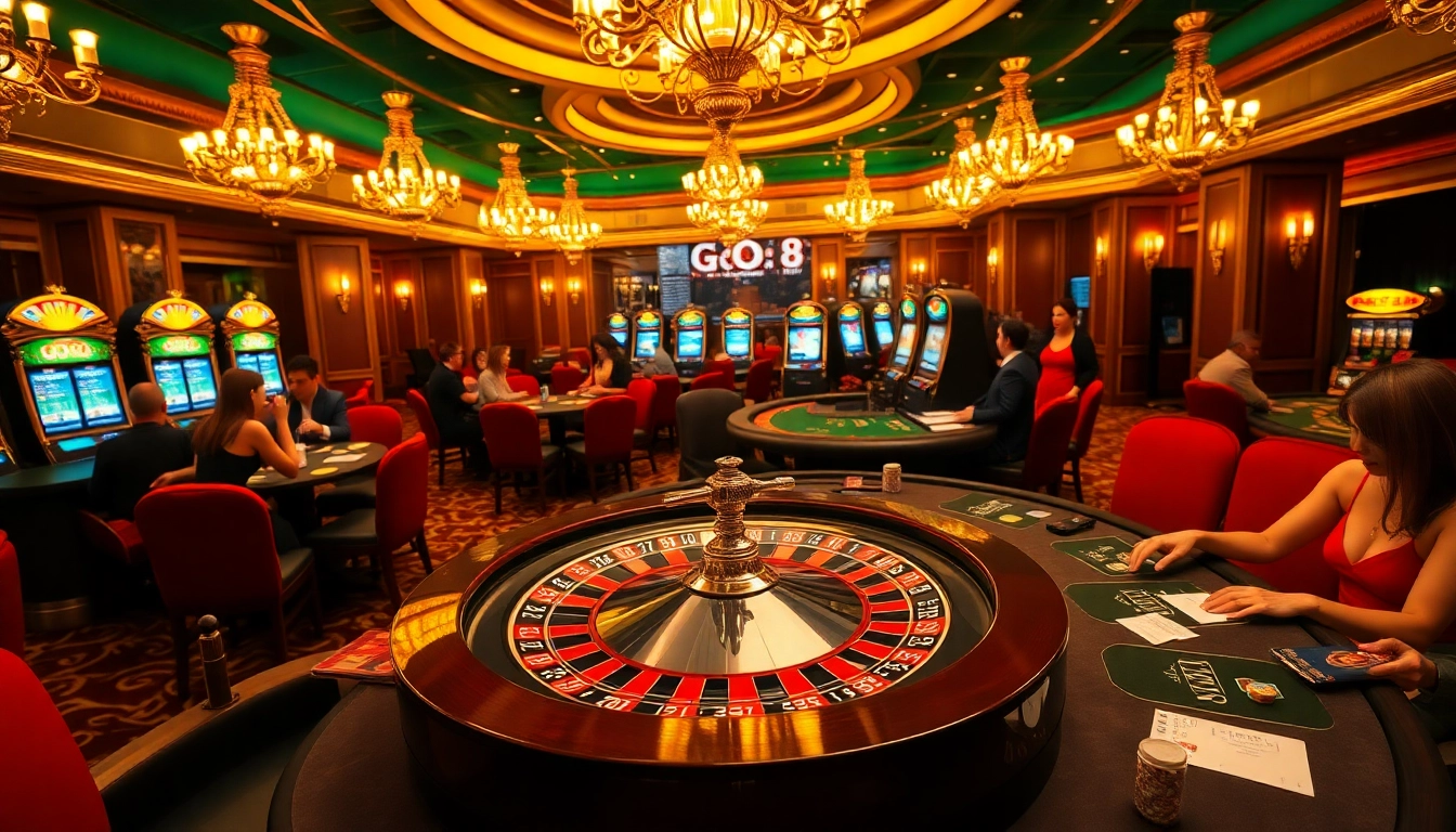 Exciting GO8 casino scene featuring a luxurious roulette wheel and glamorous players.