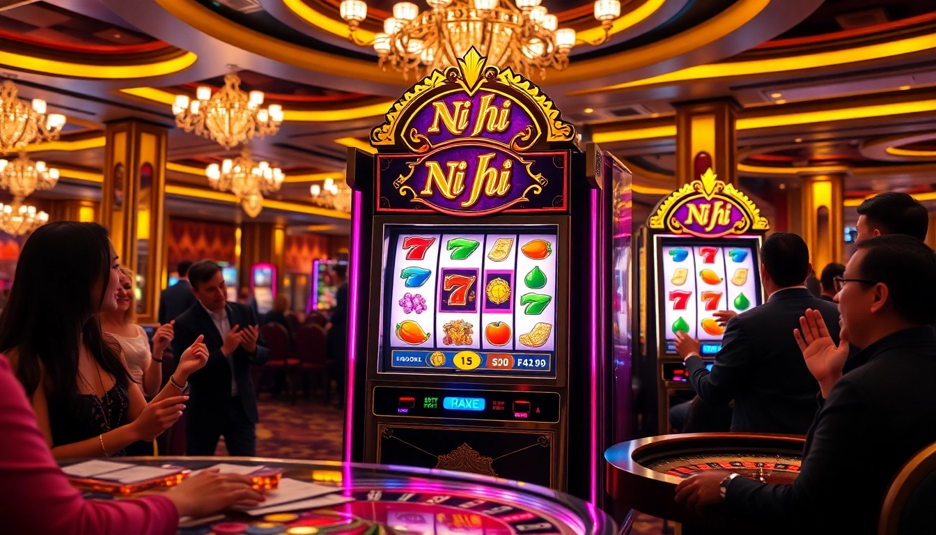 Nổ hũ slot machine featuring vibrant visuals and excited players in a luxurious casino setting.