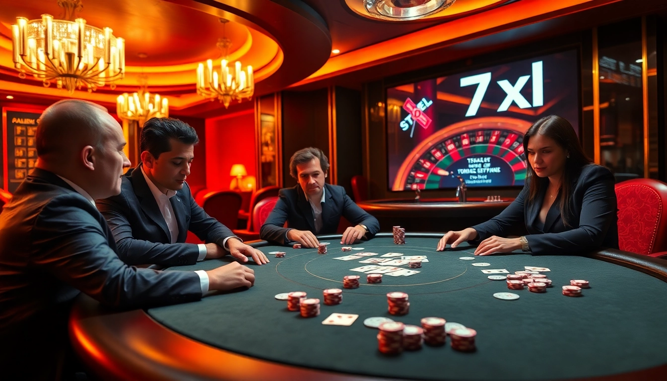Experience thrilling poker action at 7xl with professional players engaged in intense gameplay.