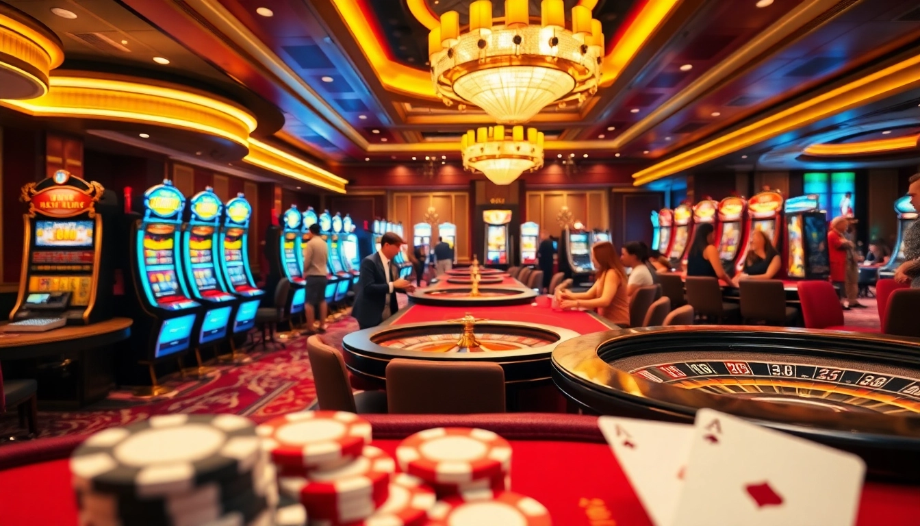 Experience the excitement of 789CLUB with vibrant casino tables and colorful slot machines.
