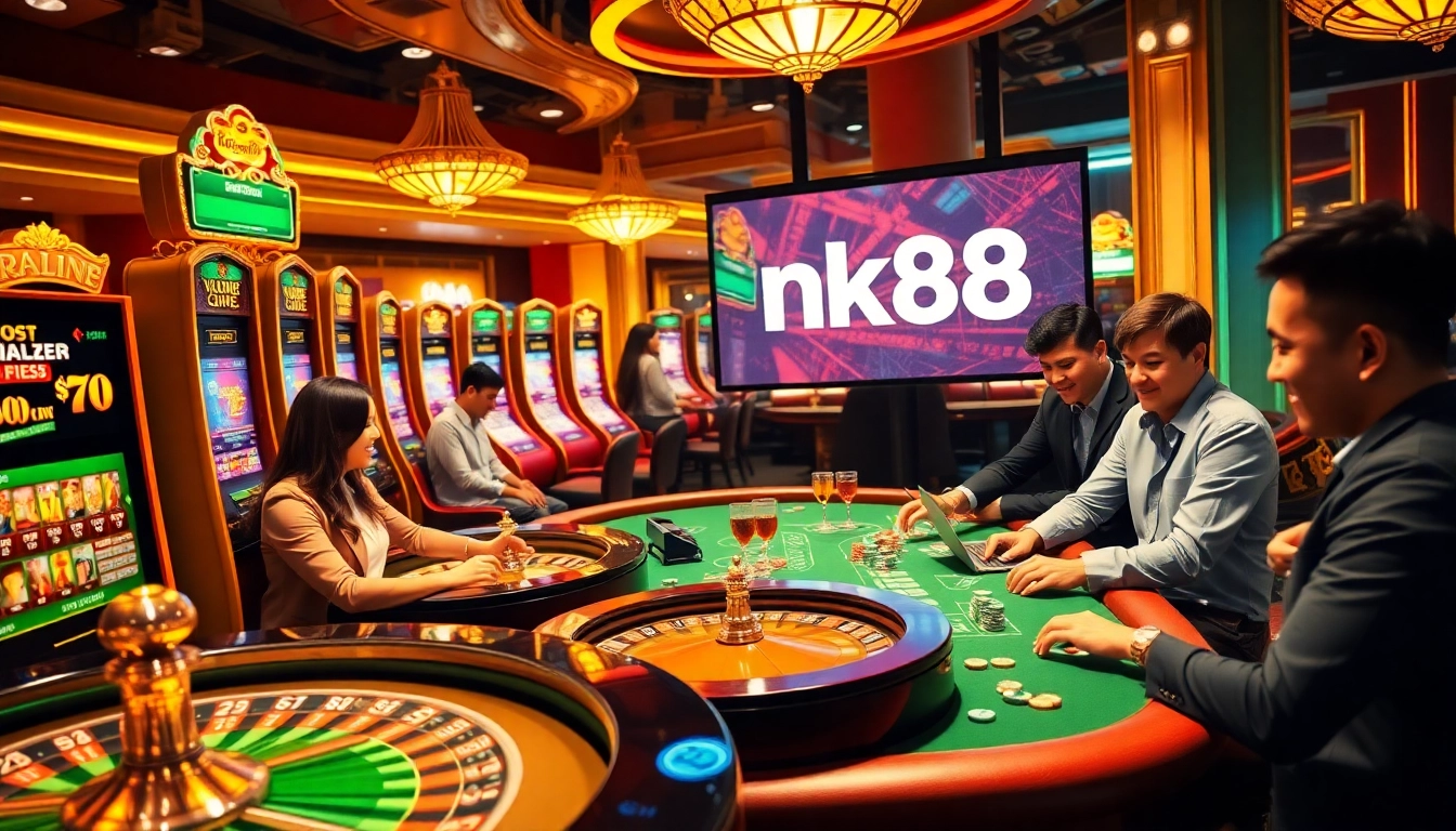 Immersive casino scene showcasing the nk88 link on a vibrant gaming screen, highlighting captivating slot machines and poker tables.