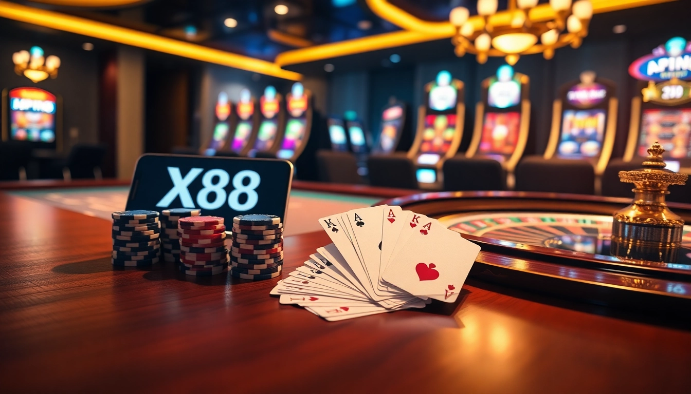 X88 com offers thrilling casino experiences with vibrant slot machines and poker chips.