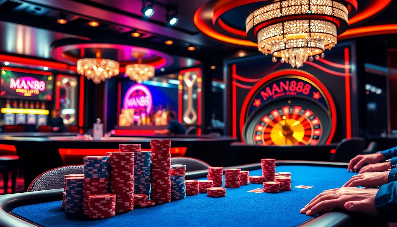 Experience thrilling gameplay at Man88 with vibrant casino tables and poker chips.