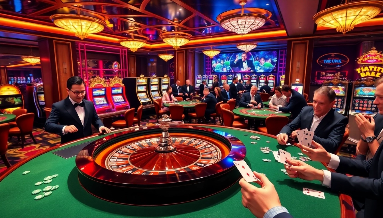 The vibrant atmosphere of a high-stakes casino featuring the excitement of roulette and slot machines at https://xin8820.me/.