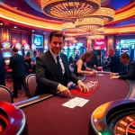 Exciting gambling scene at pub88 with poker players, vibrant slot machines, and roulette.