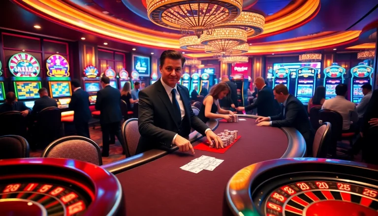 Exciting gambling scene at pub88 with poker players, vibrant slot machines, and roulette.