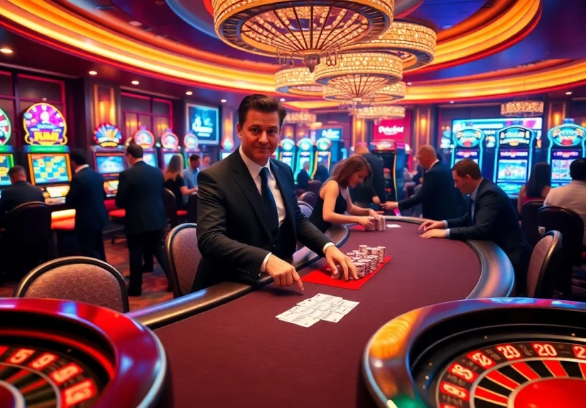 Exciting gambling scene at pub88 with poker players, vibrant slot machines, and roulette.