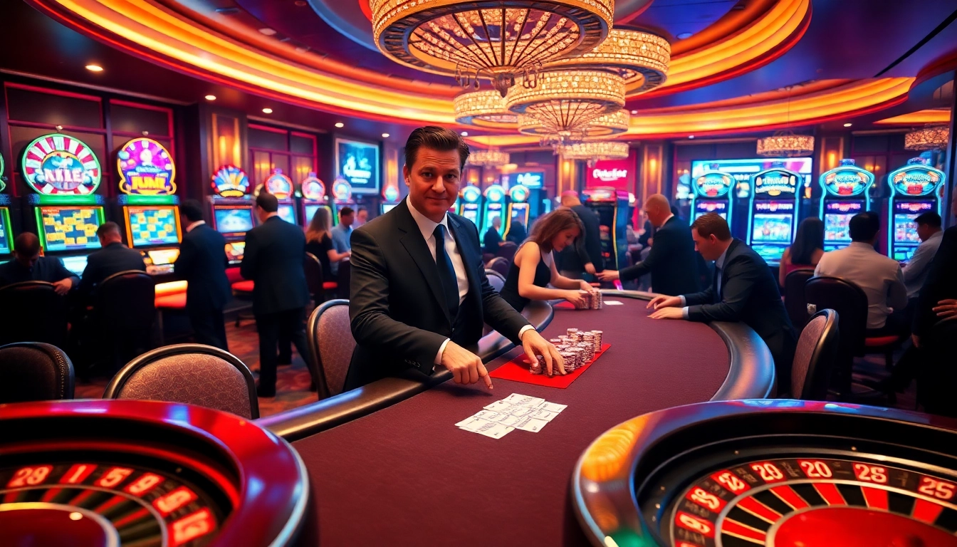 Exciting gambling scene at pub88 with poker players, vibrant slot machines, and roulette.