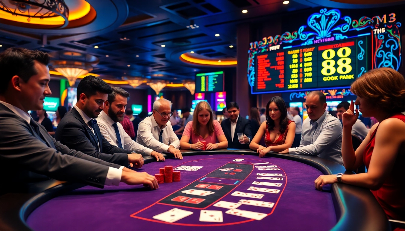 Players engaged at the New88 poker table, capturing excitement and richness of gambling.
