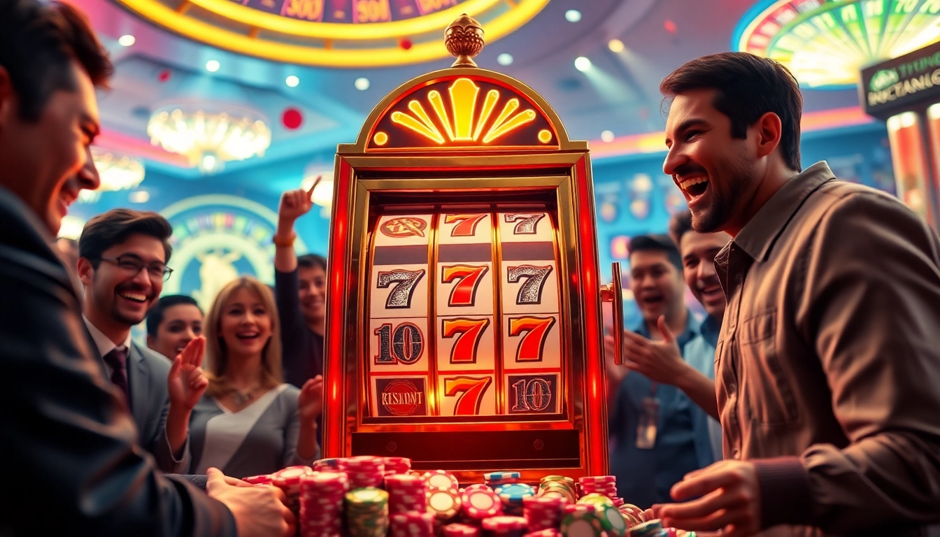 Experience the thrill of playing the slot777 machine surrounded by vibrant casino elements.