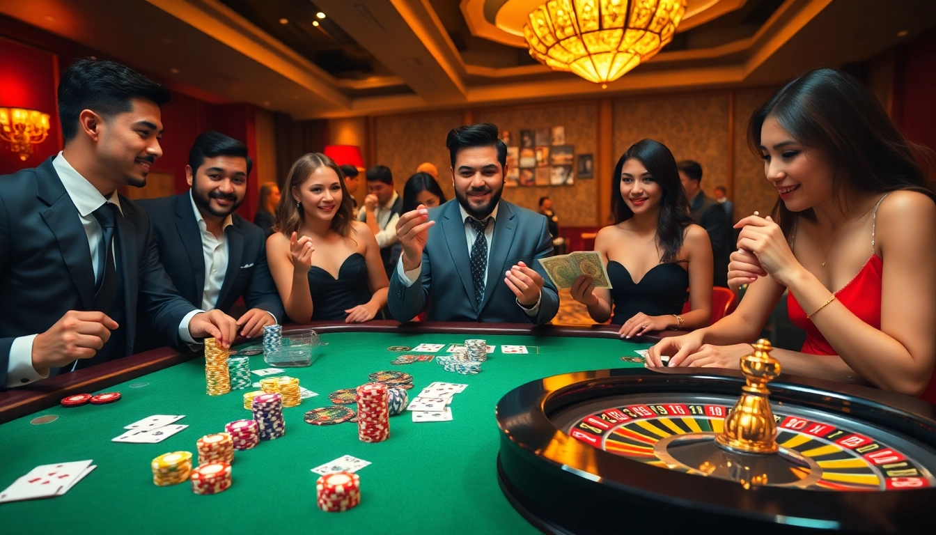 Players enjoying an exciting game at vn88 casino table filled with vibrant poker chips.
