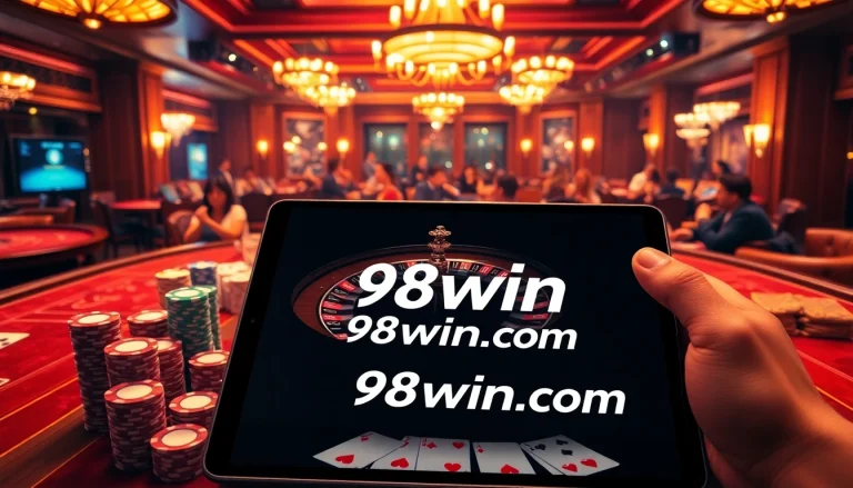 Experience the excitement of gaming at 98win com with vibrant casino visuals featuring roulette and poker.