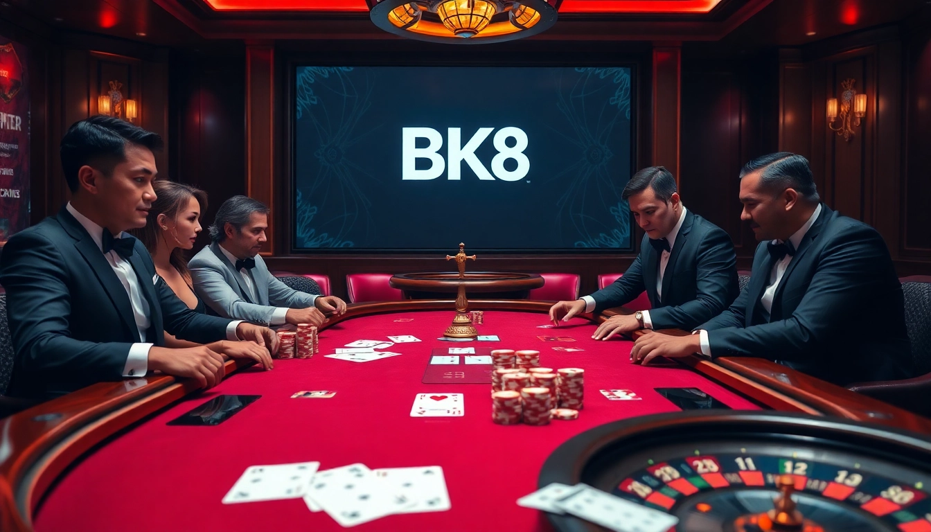 Action-packed gaming experience at BK8 with poker, chips, and roulette, showcasing luxury gambling.