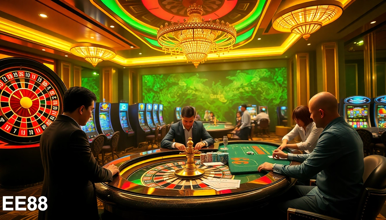 Experience the excitement of EE88 with vibrant casino games and betting slips.