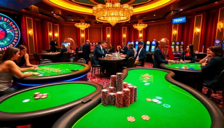 Experience thrilling gameplay at 789BET's luxurious casino tables with live dealers and vibrant poker chips.