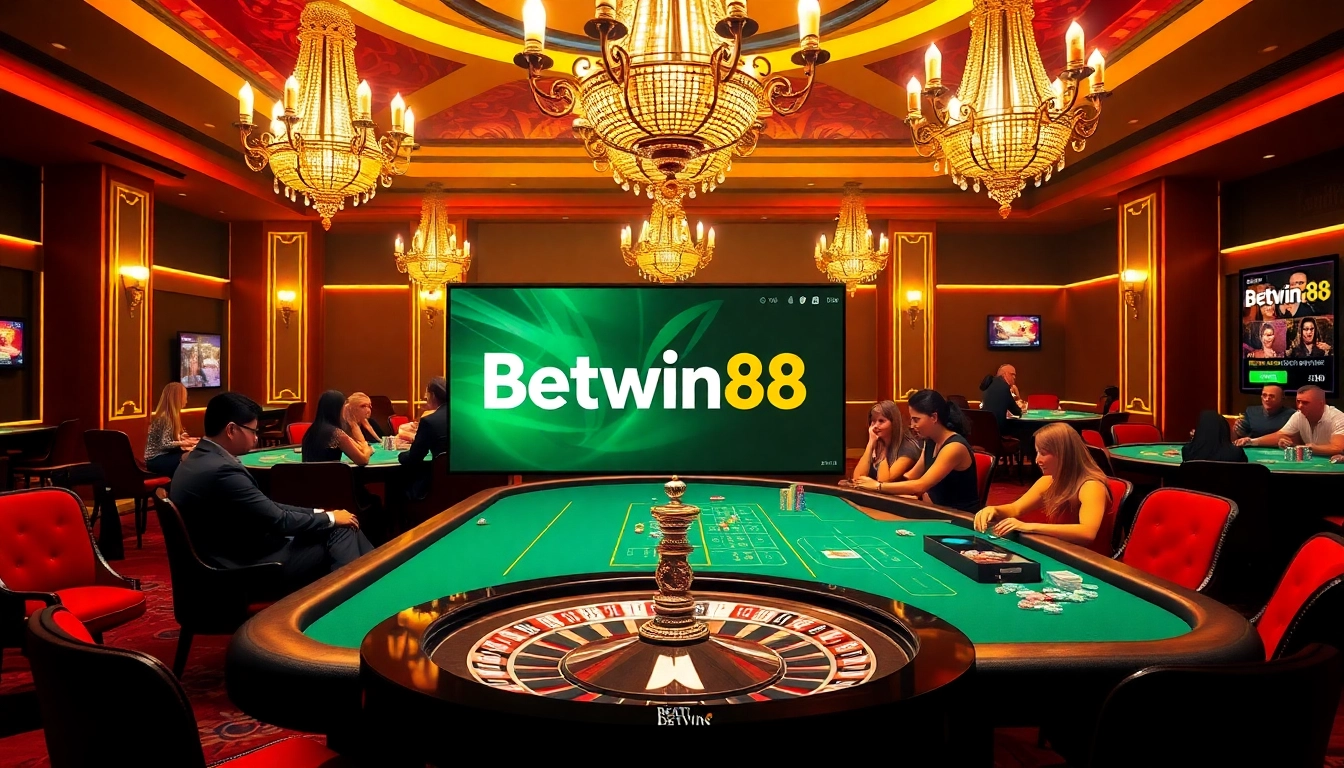Exciting casino scene with Betwin88 branding, featuring roulette wheel and poker table.
