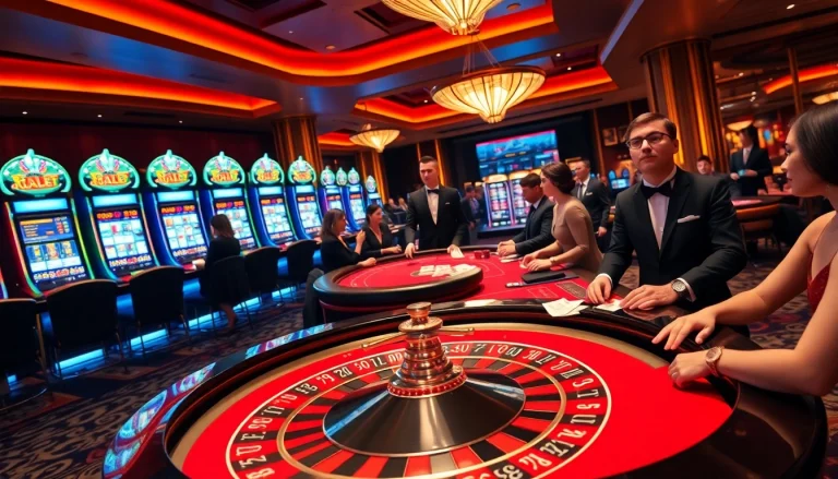 Experience the thrilling essence of gambling at http://8kbetok.com/, featuring vibrant casino tables, roulettes, and elegant players.