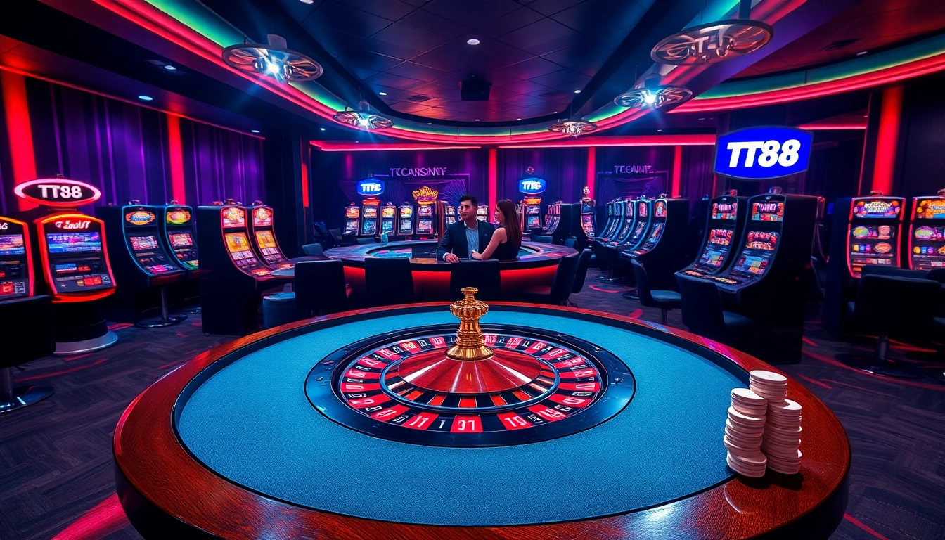 Experience the excitement at TT88 with vibrant casino games, poker chips, and roulette.