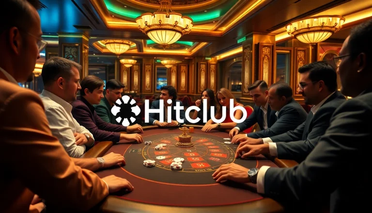 Players enjoying a high-stakes poker game at Hitclub Casino, showcasing intense focus and lavish surroundings.