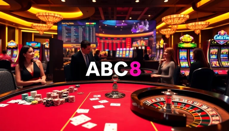 Engage in premium gaming experiences at ABC8 with a vibrant casino scene featuring poker tables and slot machines.