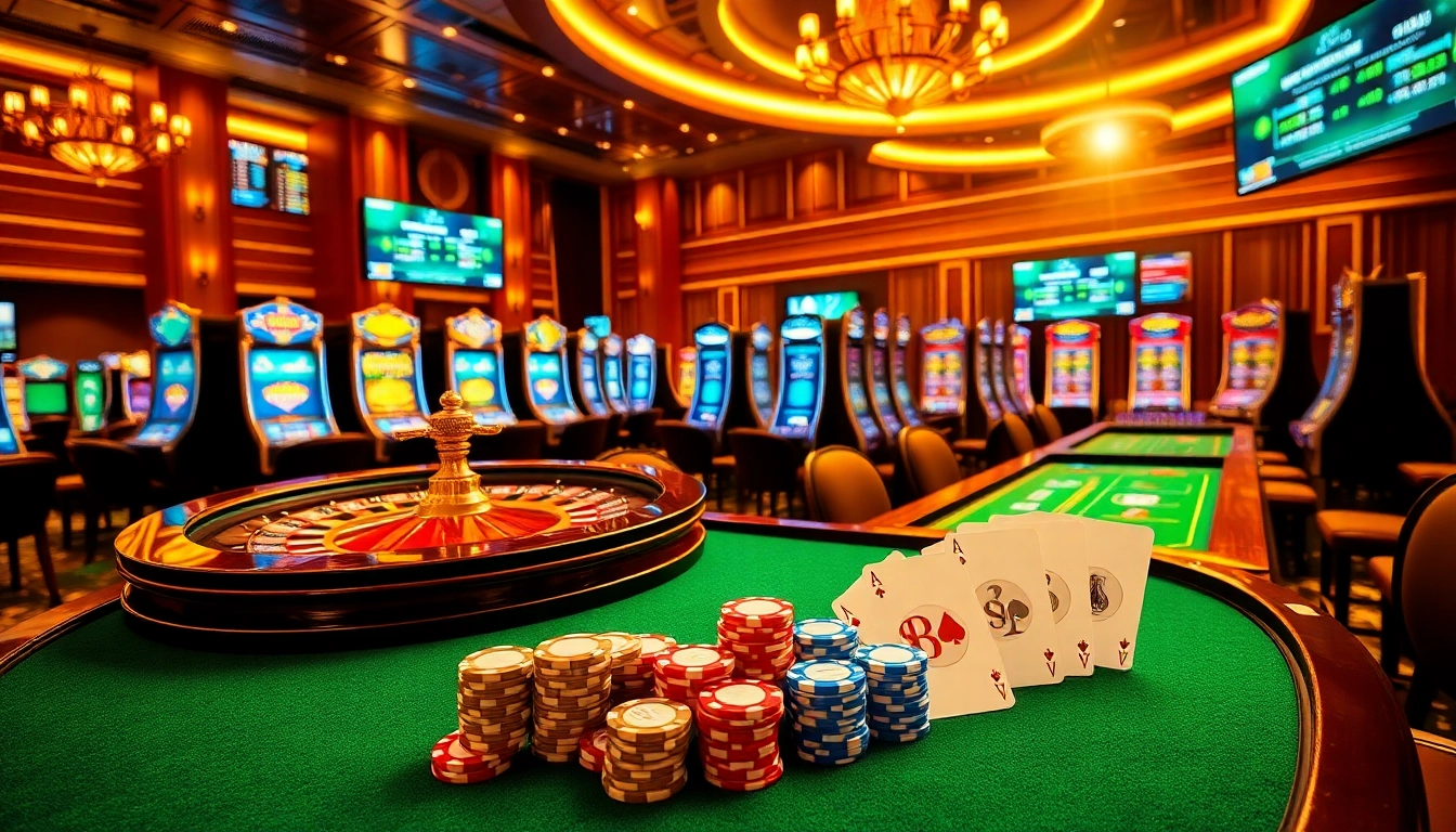 Experience the thrill of Nhà cái ABC8 with vibrant casino games, luxury settings, and excited gamblers.
