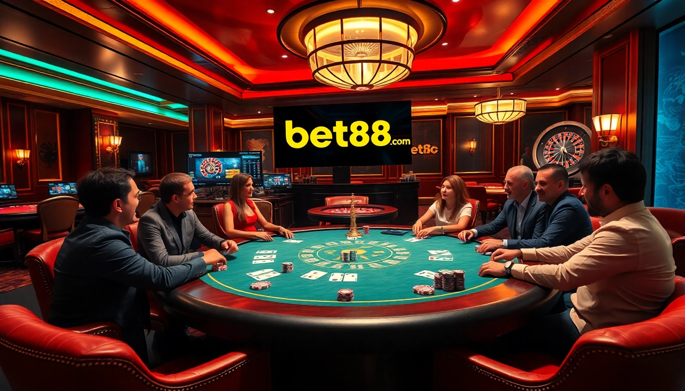 Players enjoying a thrilling poker game at a luxurious casino, highlighting bet88.com platform elements.