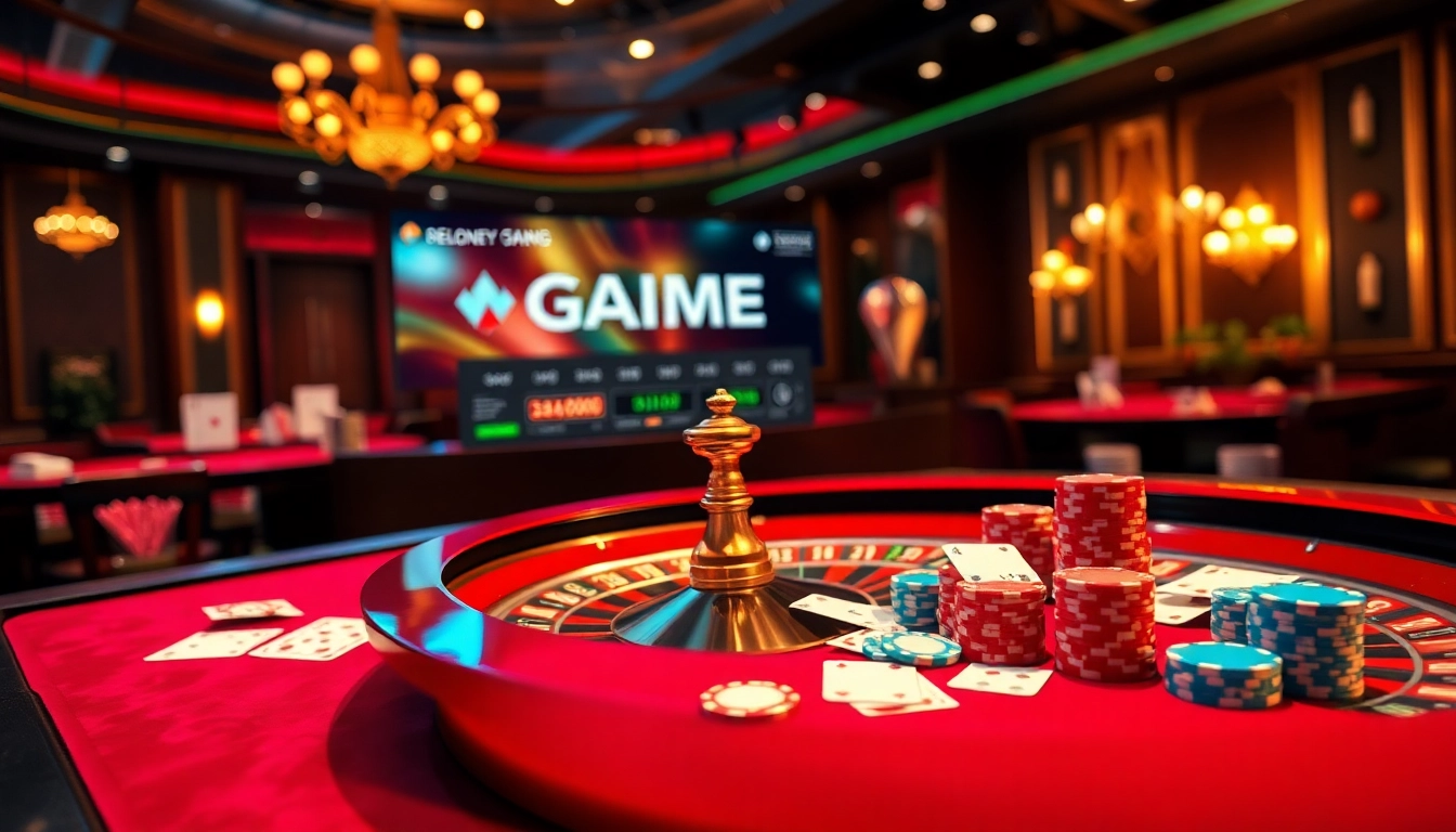 Engage in the thrilling game bài đổi thưởng with vibrant casino visuals featuring roulette and poker elements.