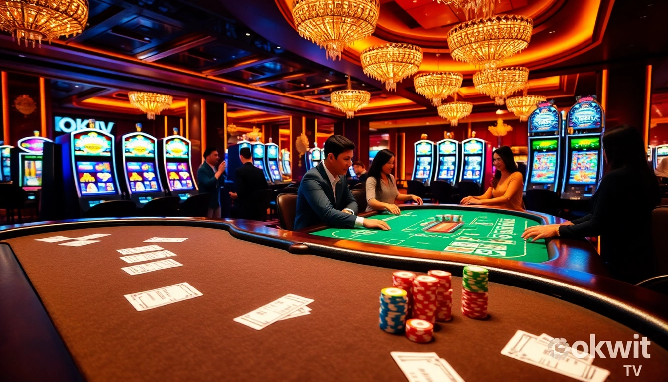 Experience the thrill of casino gaming with okwin tv in a luxurious setting filled with poker tables and vibrant slot machines.