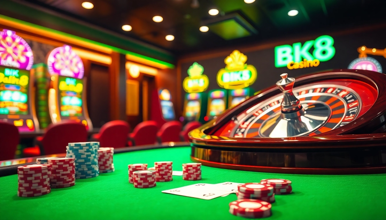 Engaging players at BK8 casino with vibrant roulette wheel and elegant poker table