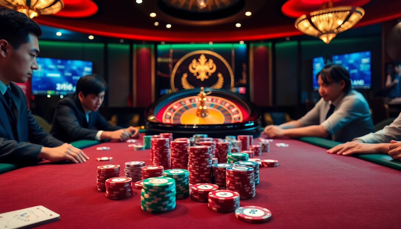 Engaged players at a poker table in a luxurious casino setting, showcasing the excitement of https://23win8b.com/.