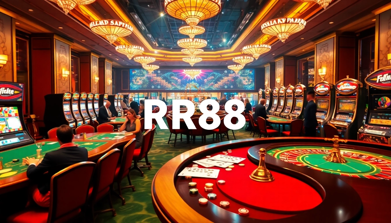 Engaging scene of RR88 casino excitement with players, cards, and a vibrant atmosphere.