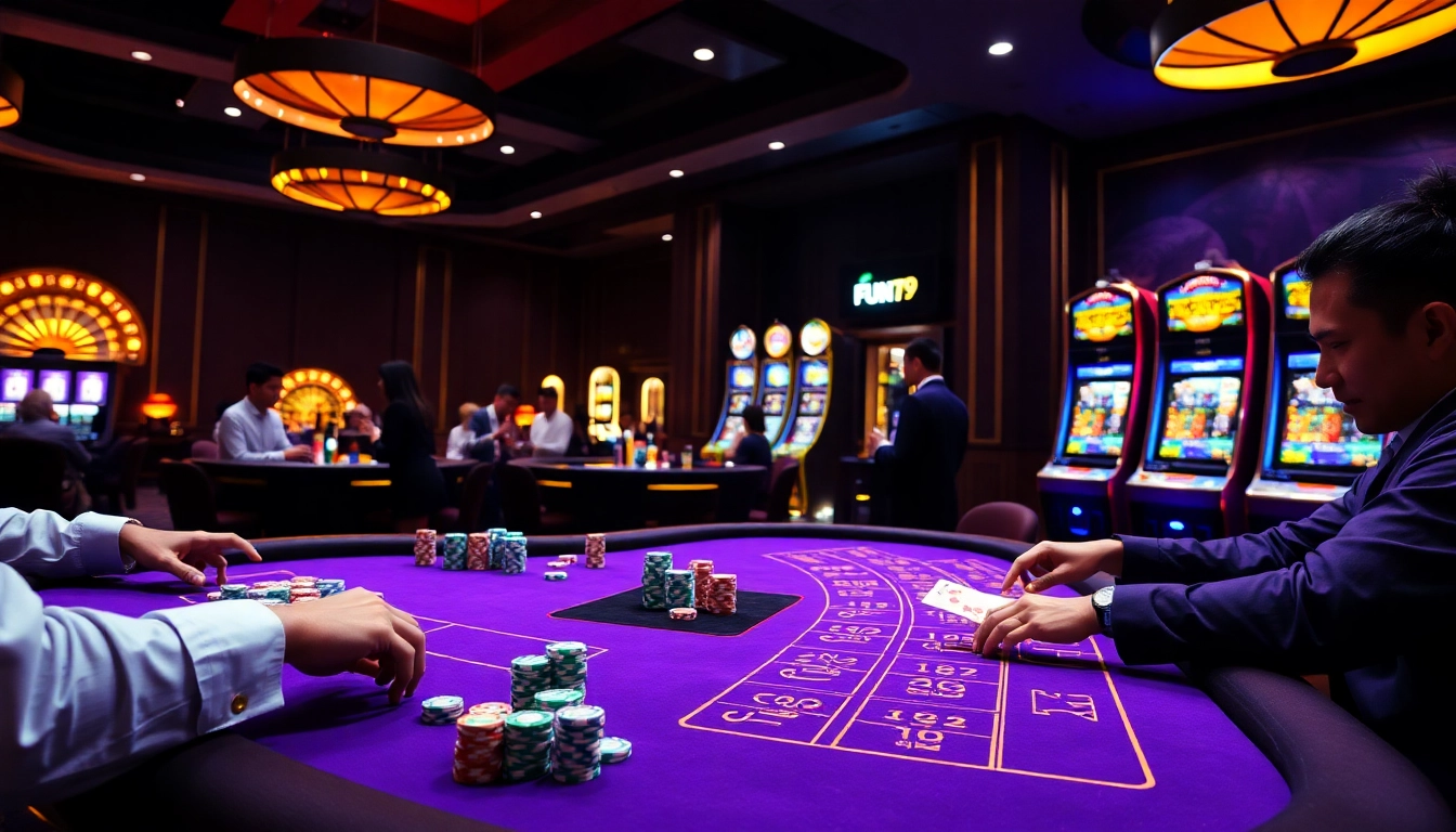 Experience high-stakes action at FUN79's glamorous poker table with colorful chips and engaged players.