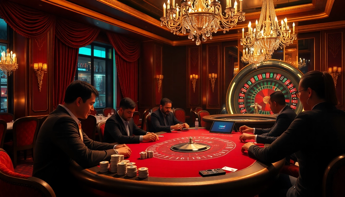 players winning at poker and placing bets with viral88 in a luxury casino setting