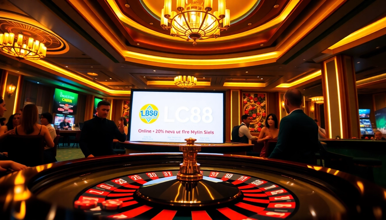 Engaging casino scene featuring LC88 with players at a poker table surrounded by vibrant chips.