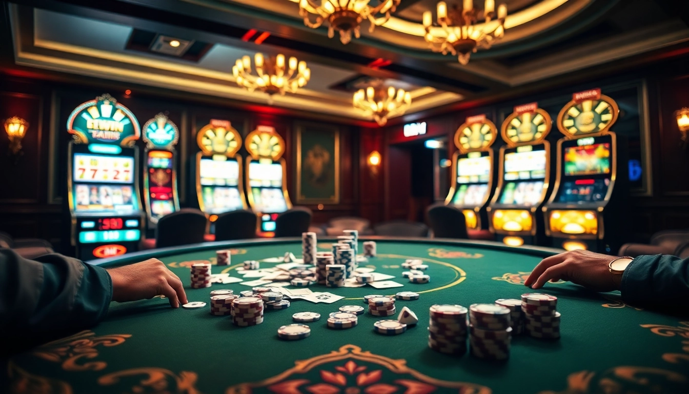 Experience the excitement of 32WIN with vibrant casino scenes featuring engaging poker and slot games.