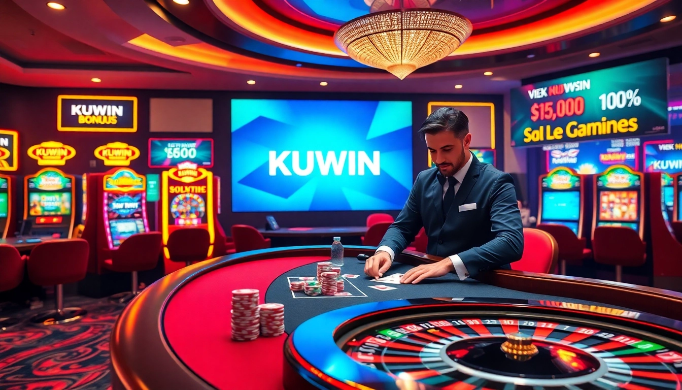 kuwin online gambling interface showcasing exciting casino games with vibrant poker chips and a dealer