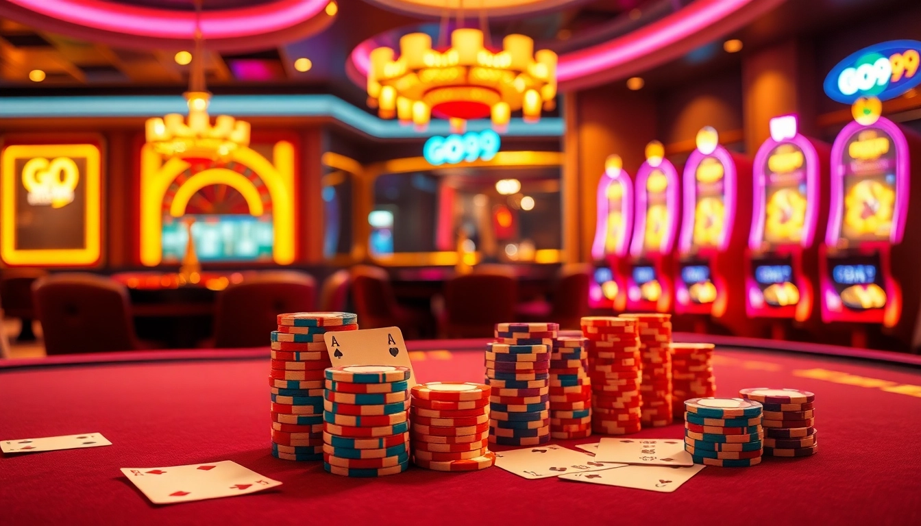 Engage with the vibrant atmosphere of nhà cái GO99 featuring a luxury casino table with colorful chips and cards.