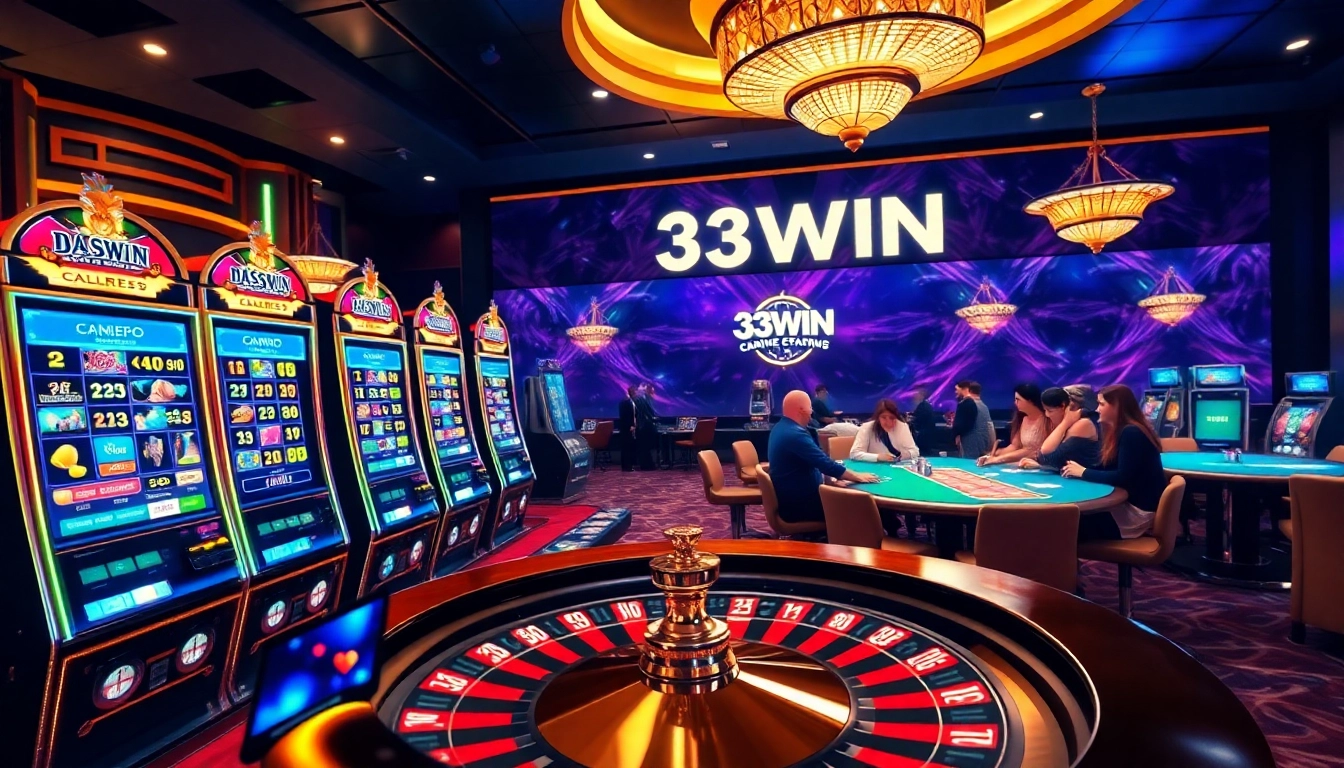Engaging players at 33WIN casino tables, featuring vibrant slot machines and a stylish roulette wheel.