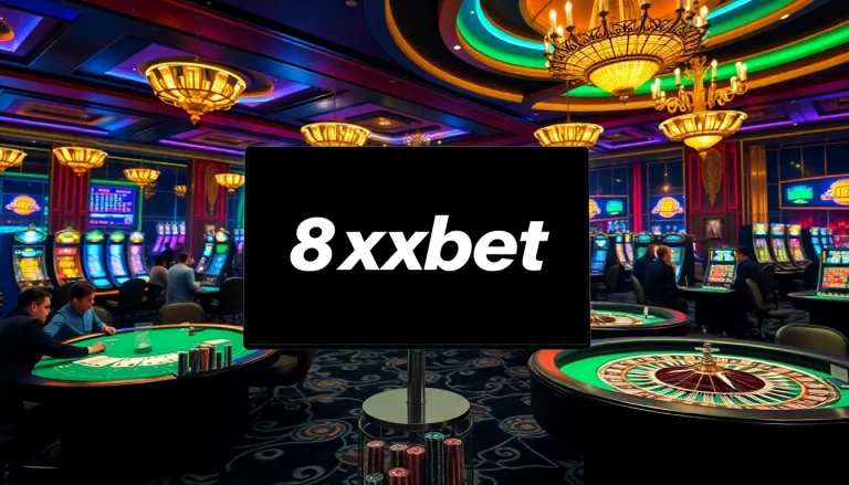 Exciting casino scene with 8xbet showcasing vibrant gambling action and luxurious gaming experience.