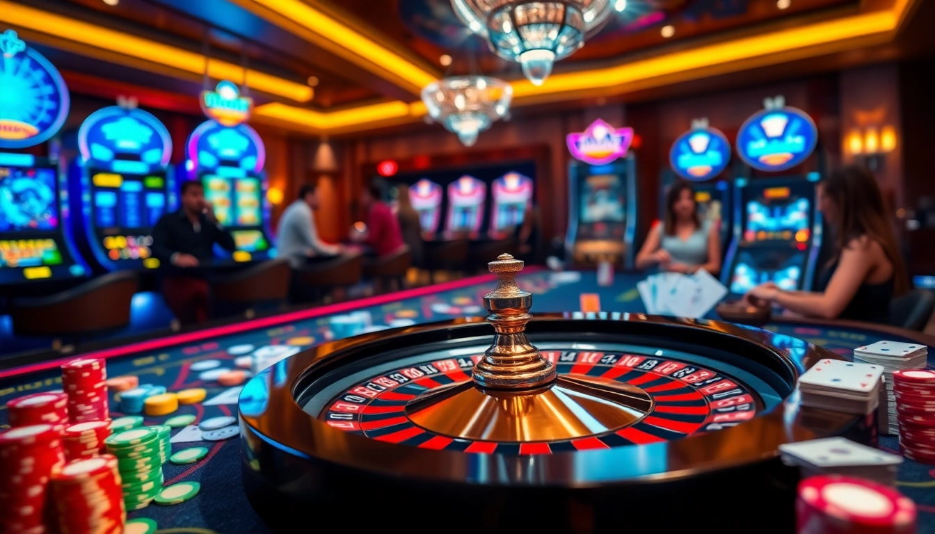 Experience thrilling gameplay at https://phtaya.ac/ with a vibrant casino gaming scene showcasing roulette, cards, and chips.