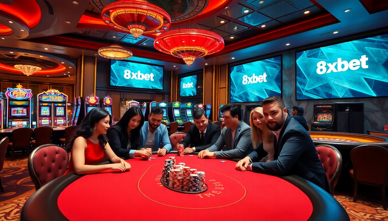 Experience the excitement at 8xbet's luxurious casino with poker tables and slots.