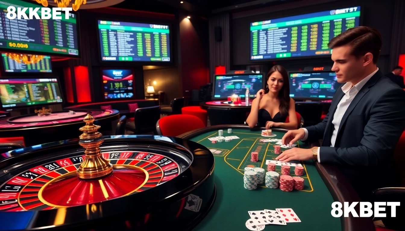 Experience a thrilling moment of excitement at 8KBET with high-stakes poker players at an elegantly designed casino table.