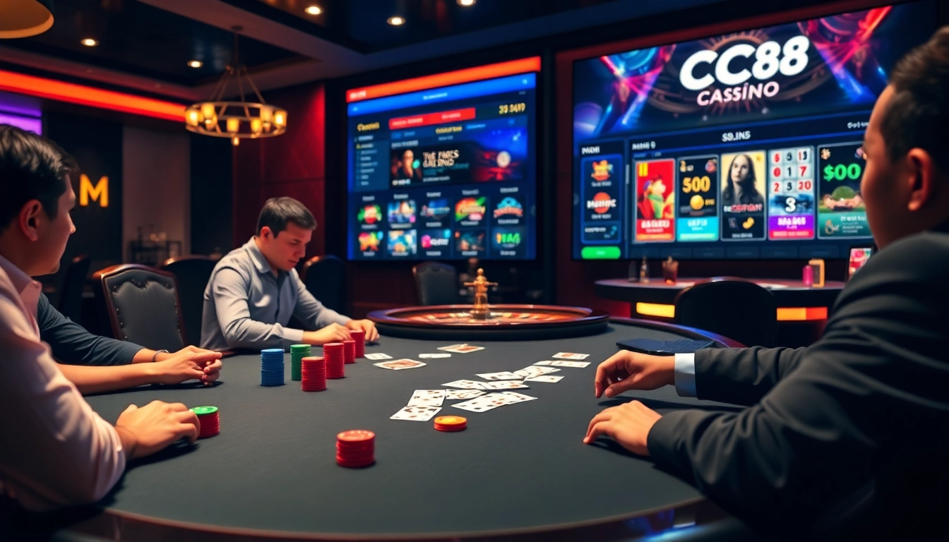Experience high-stakes poker at FC88, showcasing a luxurious casino with vibrant chips and cards.