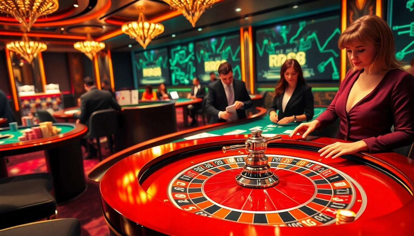 Players enjoying the thrill of RR88 at a luxurious casino table with vibrant gaming action.