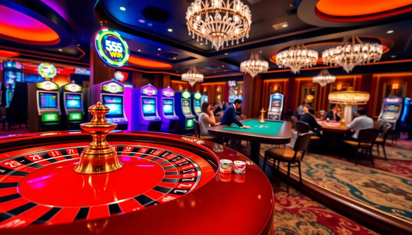 Experience the vibrant excitement of the 555 win casino scene with roulette and poker tables.