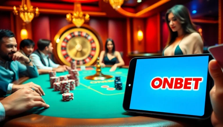 Experience the excitement of ONBET at a vibrant casino poker table filled with action.