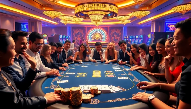Experience the thrill of FLY 88 at a luxurious casino poker table with excited players.