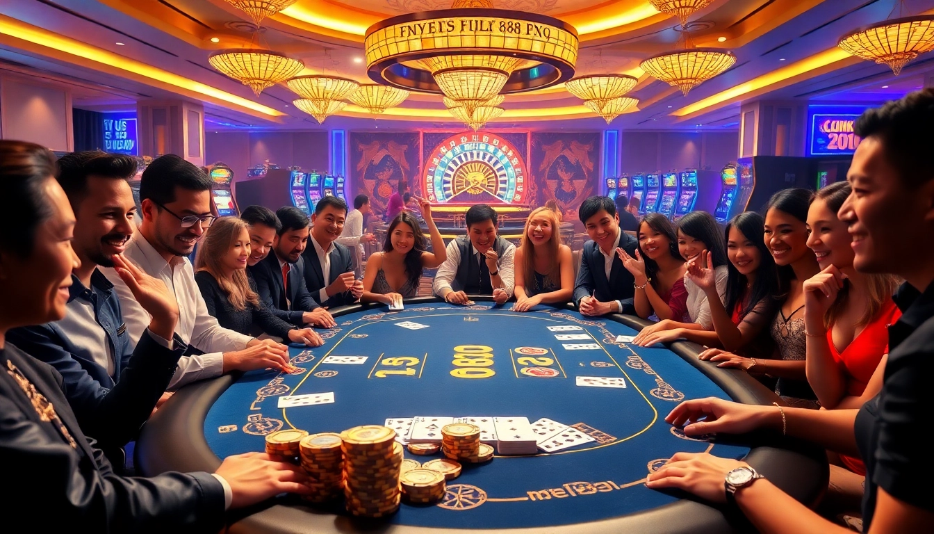 Experience the thrill of FLY 88 at a luxurious casino poker table with excited players.