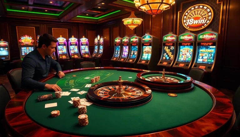 Experience the excitement of gambling at 18win with vibrant slots and elegant casino tables.